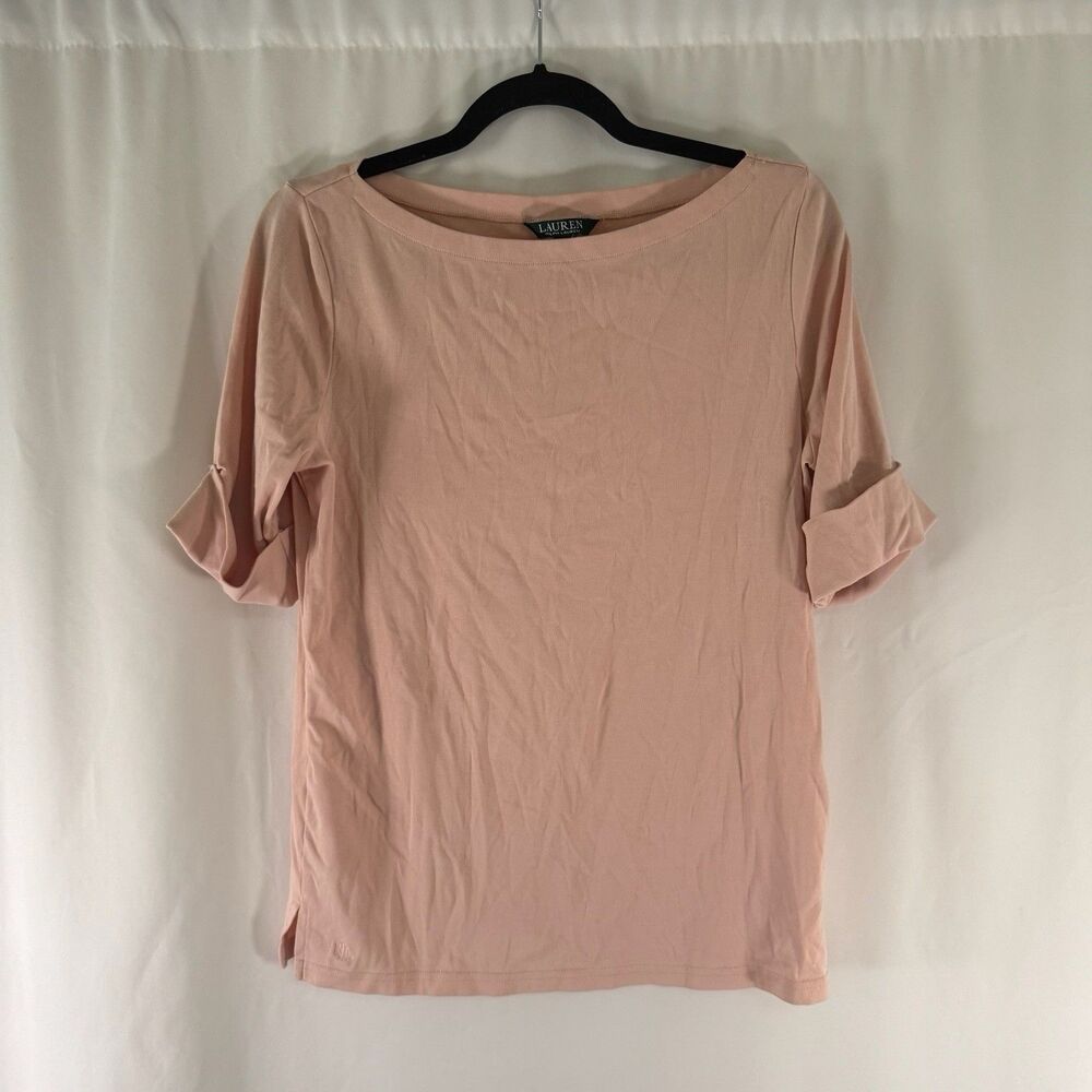 Lauren Ralph Lauren Blouse Women's Large Pink Round Neck Short Sleeve Pullover
